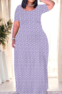 Purple Casual Print Patchwork O Neck Straight Dresses