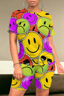 Colour Casual Smiley Face Print Contrast O Neck Short Sleeve Two Pieces
