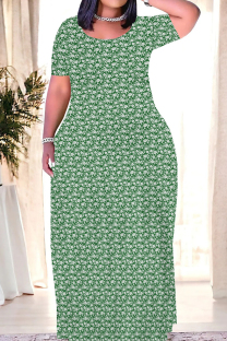 Green Casual Print Patchwork O Neck Straight Dresses
