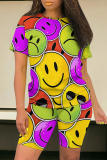 Transparent Color Casual Smiley Face Print Contrast O Neck Short Sleeve Two Pieces