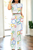 White Casual Geometric Print Pocket Patchwork O Neck Short Sleeve Two Pieces