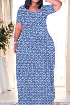 Dark Blue Casual Print Patchwork O Neck Straight Dresses