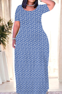 Dark Blue Casual Print Patchwork O Neck Straight Dresses