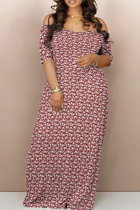 Brown Casual Print Backless Patchwork Off Shoulder Long Dresses
