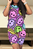 Transparent Color Casual Smiley Face Print Contrast O Neck Short Sleeve Two Pieces