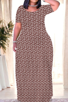 Deep Red Casual Print Patchwork O Neck Straight Dresses