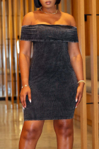 Black Sexy Solid Color Patchwork Off Shoulder Wrapped Skirt Dresses