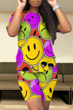 Transparent Color Casual Smiley Face Print Contrast O Neck Short Sleeve Two Pieces