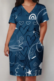 Light Purple Casual Geometric Print The stars Pocket V Neck Printed Plus Size Dresses