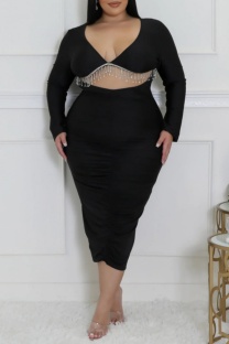 Black Sexy Party Formal Solid Color Fringed Trim Hollow Out V Neck Evening Plus Size Dresses