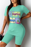 Orange Casual Daily Cartoon Print Contrast O Neck Short Sleeve Two Pieces