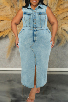 Light Blue Casual Daily Solid Color Slit Turndown Collar Denim Plus Size Dresses