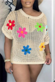 White Sexy Casual Flowers Patchwork Hollow Out See-Through O Neck T-Shirts