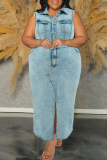 Light Blue Casual Daily Solid Color Slit Turndown Collar Denim Plus Size Dresses