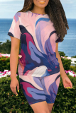 Light Purple Casual Geometric Print Contrast O Neck Short Sleeve Two Pieces
