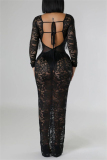 Black Sexy Solid Color Lace Fringed Trim Lace Up See-Through Backless Deep V Neck Long Dresses