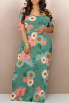 Green Casual Floral Print Patchwork Off Shoulder Printed Dresses