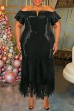 Black Sexy Celebrities Formal Patchwork Sequins Off Shoulder Wrapped Skirt Plus Size Dresses