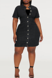 Black Casual Daily Solid Color Buttons Patchwork Turndown Collar Denim Plus Size Dresses
