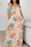 Green Casual Floral Print Patchwork Off Shoulder Printed Dresses
