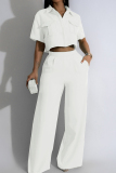 White Street Solid Patchwork Pocket Turndown Collar Short Sleeve Two Pieces