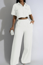 White Street Solid Patchwork Pocket Turndown Collar Short Sleeve Two Pieces