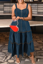 Deep Blue Casual Daily Solid Color Zipper Patchwork Spaghetti Strap Denim Plus Size Dresses