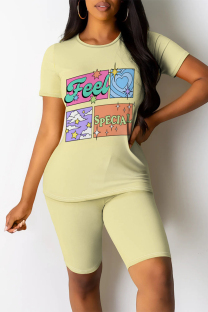 Shallow Yellow Casual Daily Cartoon Print Contrast O Neck Short Sleeve Two Pieces