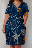 Light Purple Casual Geometric Print The stars Pocket V Neck Printed Plus Size Dresses