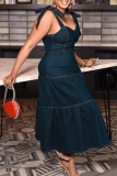 Deep Blue Casual Solid Bandage Backless Spaghetti Strap Long Plus Size Dresses