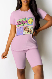 Pink Casual Daily Cartoon Print Contrast O Neck Short Sleeve Two Pieces