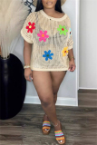 White Sexy Casual Flowers Patchwork Hollow Out See-Through O Neck T-Shirts