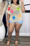 White Sexy Casual Flowers Patchwork Hollow Out See-Through O Neck T-Shirts