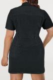 Black Casual Daily Solid Color Buttons Patchwork Turndown Collar Denim Plus Size Dresses