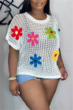 White Sexy Casual Flowers Patchwork Hollow Out See-Through O Neck T-Shirts