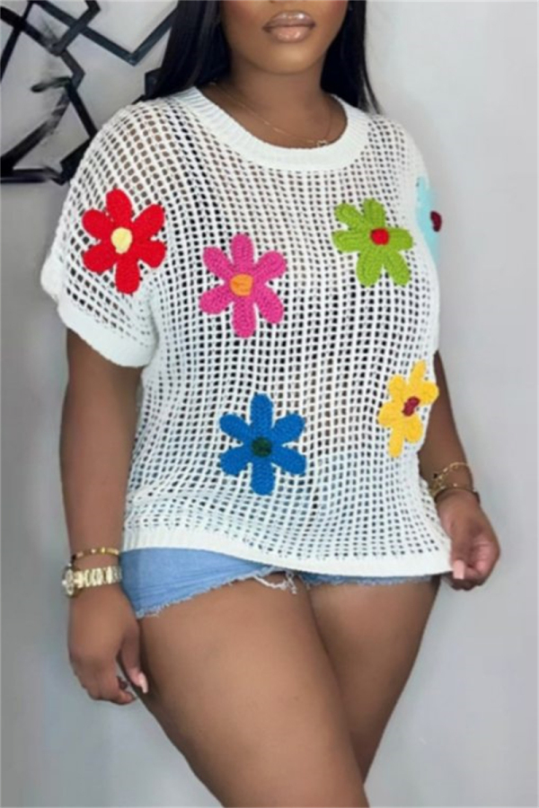White Sexy Casual Flowers Patchwork Hollow Out See-Through O Neck T-Shirts
