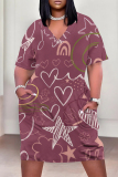 Light Purple Casual Geometric Print The stars Pocket V Neck Printed Plus Size Dresses