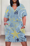 Light Purple Casual Geometric Print The stars Pocket V Neck Printed Plus Size Dresses
