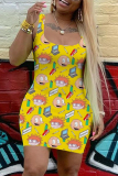 White Casual Cartoon Print Basic U Neck Vest Dresses