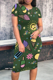 Green Casual Daily Cartoon Print O Neck Printed Short Sleeve Dress