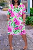 Rose Red Casual Print Basic Patchwork V Neck Short Sleeve Short Sleeve Dress