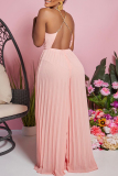 Pink Celebrities Solid Color Backless Ruched Patchwork Halter Loose Jumpsuits