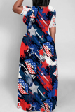 White Blue Red Casual Print Patchwork O Neck Straight Dresses