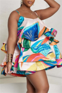 Multicolor Sexy Casual Print Backless Spaghetti Strap Cake Skirt Dresses