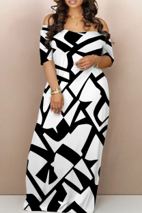 Black And White Casual Geometric Print Backless Patchwork Off Shoulder Long Dresses