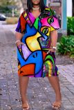 Multicolor Casual Print Basic Patchwork V Neck Short Sleeve Short Sleeve Dress