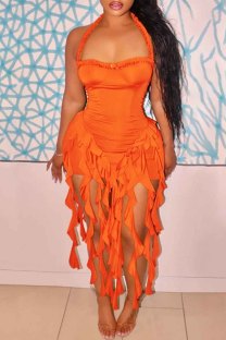 Orange Sexy Solid Color Fringed Trim Backless Halter Wrapped Skirt Dresses