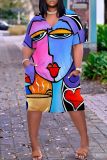 Multicolor Casual Print Basic Patchwork V Neck Short Sleeve Short Sleeve Dress