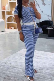 Blue Casual Daily Striped Print Pocket Patchwork O Neck Short Sleeve Two Pieces