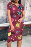 Green Casual Daily Cartoon Print O Neck Printed Short Sleeve Dress